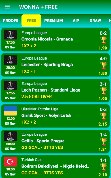 Wonna app screenshot showing free betting tips